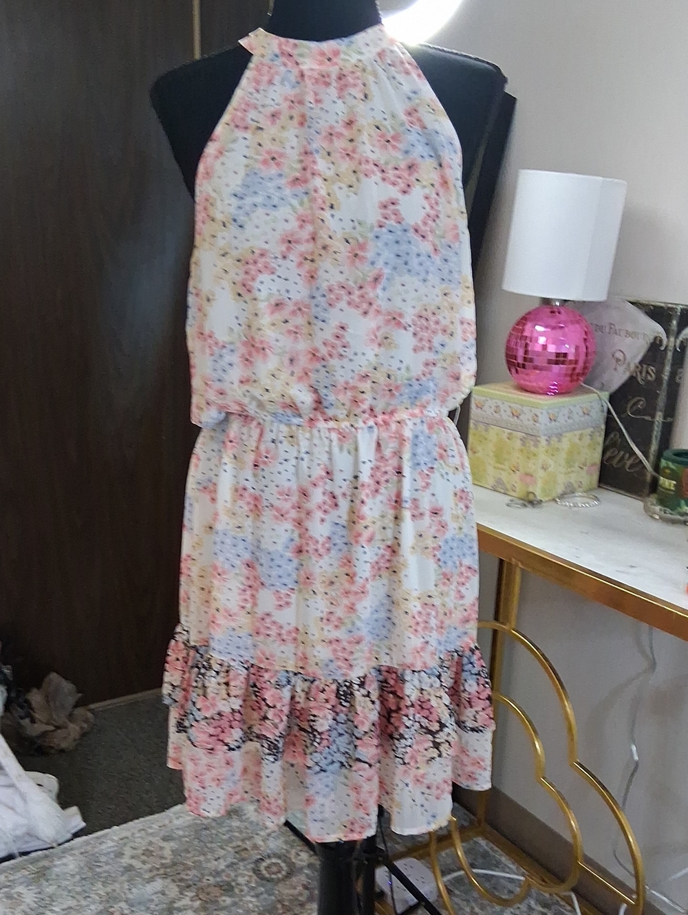 Woman's Floral Halter Summer Dress - White Pink Blue